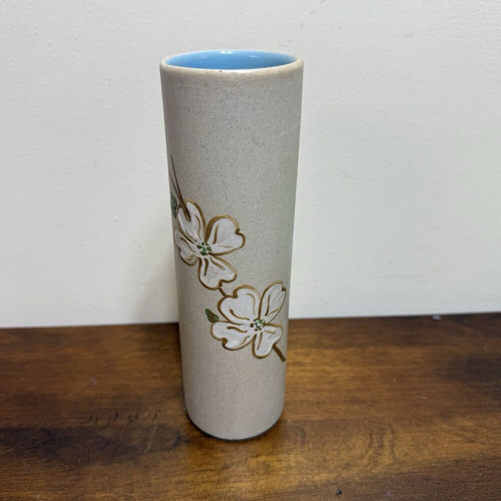 Pigeon Forge Dogwood Pottery Vase Cylinder Signed Raised Floral Blue Inside VTG